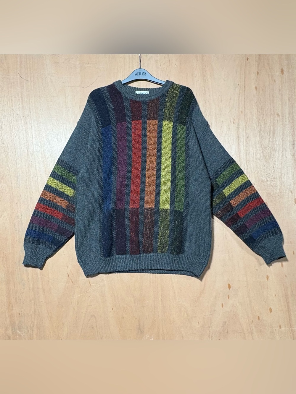 Leo Rosi Gray Crewneck Sweater with Multicolor Vertical Stripes